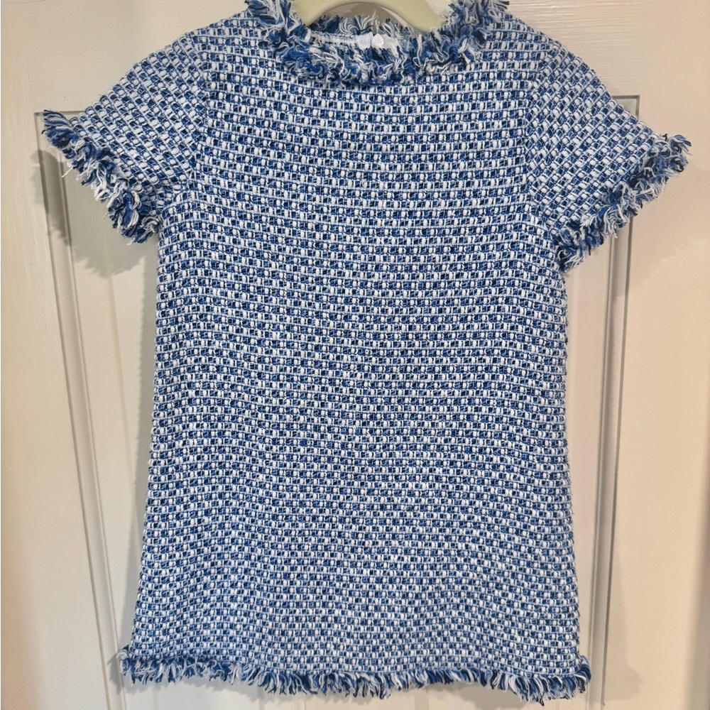 Il Gufo Blue and White Tweed Dress with Fringe Edge
